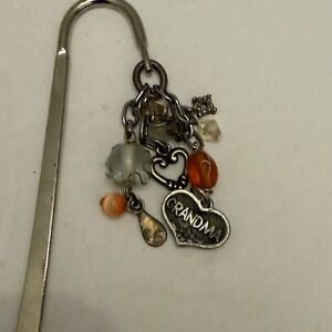 6" Metal‎ Bookmark with Dangling Beads And Silver Grandma Heart